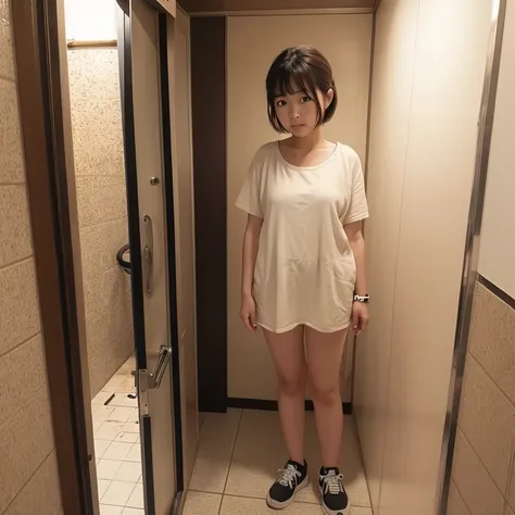 woman、Standing、In front of the urinal、bob、Wheat-toned skin