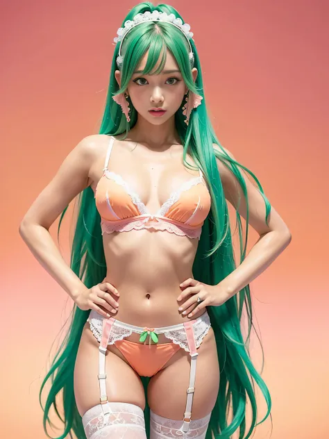 ultra realistic girl, only 1 girl, orange and pink ombre background, peaches, gyaru, green flowing hair,white thongs and matching garter belt, cute white lace underwear, sweet and sexy, seductive look