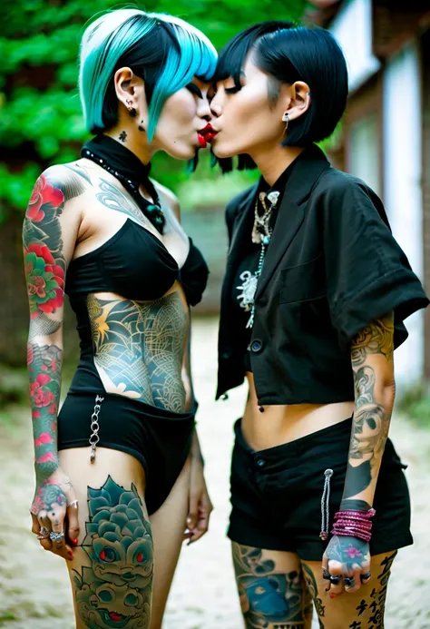 two different asian goth girls with full body tattos kissing