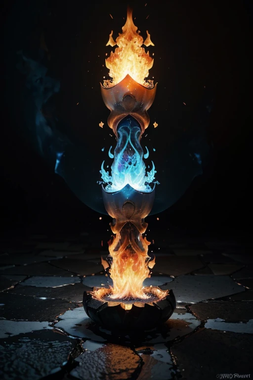 (best quality,4k,8k,highres,masterpiece:1.2),ultra-detailed,(realistic,photorealistic,photo-realistic:1.37),calendar with two flames and a yin symbol, orange fire/blue ice duality, flowing energy of water and fire, fire and ice, ice and fire, fire and wate...