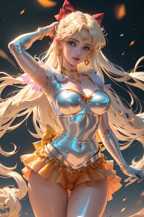 ..3d, Realistic, Foto Ultra-Micro, qualidade superior, ultra detalhado CG unidade 8k papel de parede,de baixo, detailed perfect hands, (1 female), 18 anos, (Uniforme Sailor Senshi, saia laranja, luvas de cotovelo, head gear, colar laranja do marinheiro, re...