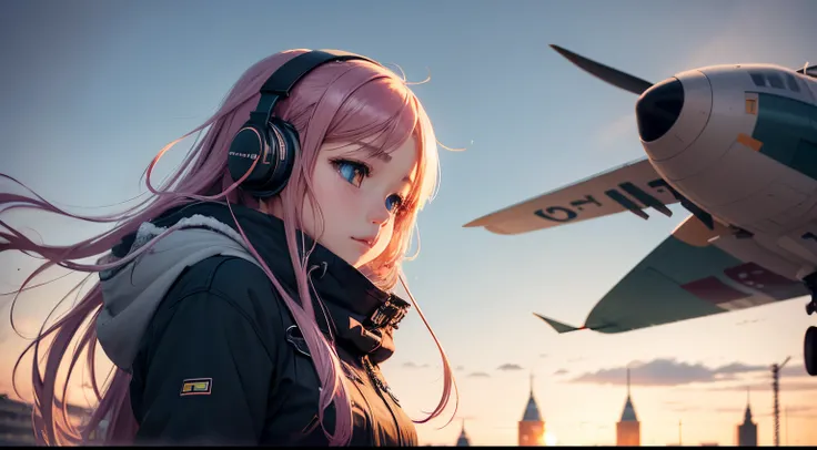 Anime girl listens to music, winter Berlin, snow, and a flying airplane with windblown leaves against a gradient sky of calming colors.