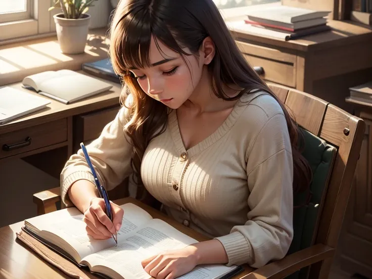 The sunlight casts a warm glow on a young woman as she concentrates on her studies, notebook open on her lap.