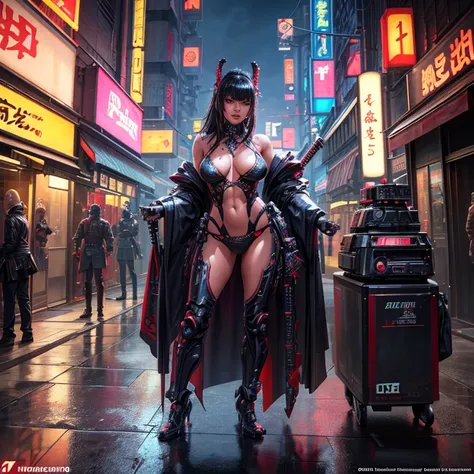 Beautiful Alluring Cyberpunk Samurai, Bare Skin, Athletic Well Toned Body, Elegant Form, Bare Skin, Outside At Neon Palace, Barely Clothed, Beautiful Face, smaurai inspired bikini armor, mechanical limbs, exposed robotic parts, chrome skin, neon glowing pa...