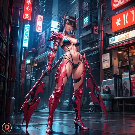 Beautiful Alluring Cyberpunk Samurai, Bare Skin, Athletic Well Toned Body, Elegant Form, Bare Skin, Outside At Neon Palace, Barely Clothed, Beautiful Face, smaurai inspired bikini armor, mechanical limbs, exposed robotic parts, chrome skin, neon glowing pa...