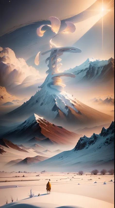 space magic week， magic concept art highlights，ancient chinese landscape painting，snow mountains，snowy peak，mountain ranges，wint...