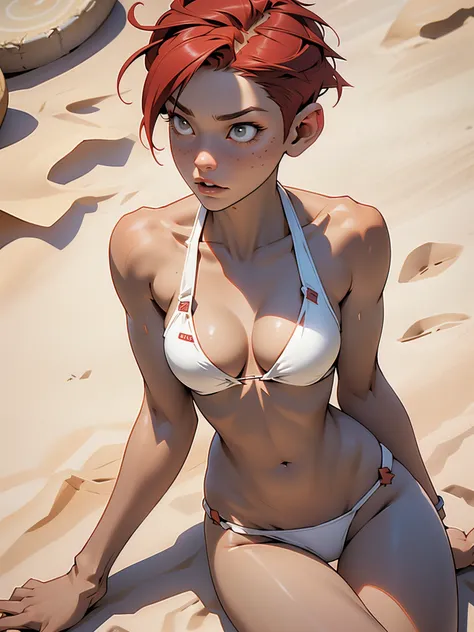 1girl, full body, teenager, solo, (short pixie cut Hair, undercut red hair: 1.28), ((light gray eyes)), some small freckles, (dark fox ears: 1.35), pale skin, large breasts, cleavage, (thin hips, thin waist , athletic body: 1.25),  background, looking away...