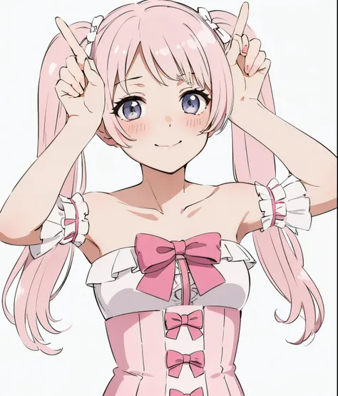 ((Masterpiece)), ((best quality)), ((high quality)), 1girl, twintails, long_hair, pink_hair, bangs, blush, grey_eyes, bow, upper_body, idol uniform,