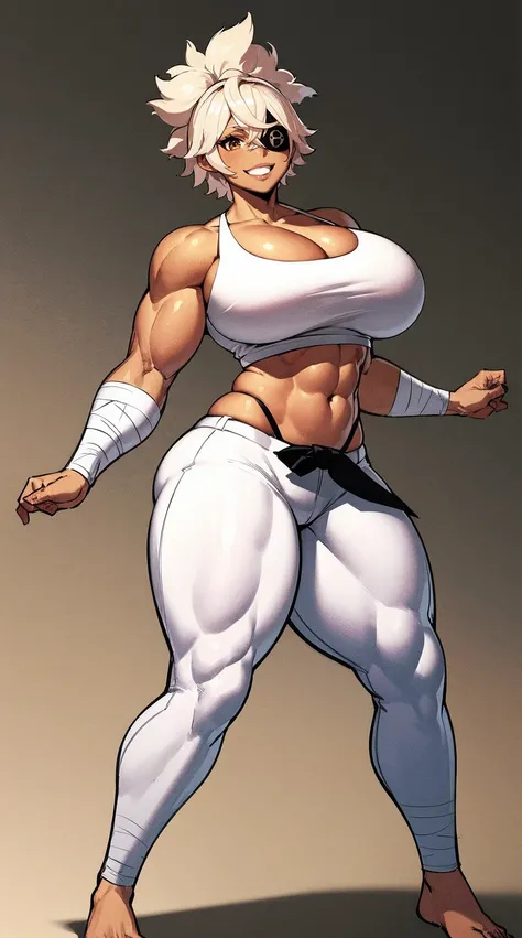 masterpiece, best quality, 1girl, solo, debdia, eyepatch, muscular female, dark-skinned female, huge breasts, cleavage, crop top, white pants, bandages, karate gi, full body, smile