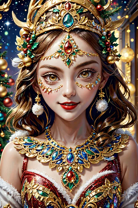 (Mosaic Christmas mask),one-girl,sparkling and delicate eyes,beautiful detailed lips,merit,extremely detailed eye,Cute antlers headdress ,A festive smile, pearls necklace,Golden mosaic pattern on mask, delicate craftsmanship, Complex design, vibrant paint ...