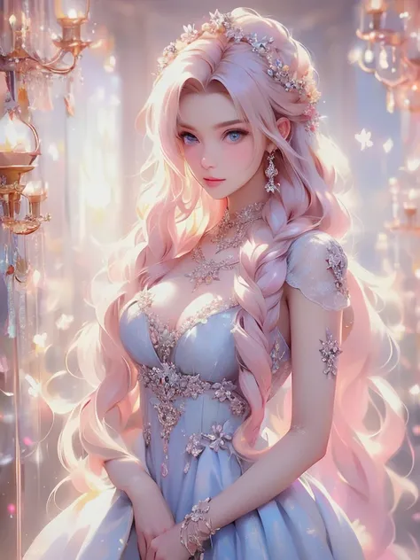 "Vibrant and enchanting 1 Barbie Princess with perfect details,Solo,Alone, Reproducing her elegance and charm with high-resolution CG. Radiant hair，flawless, The doll features gorgeous dress, stunning blue eyes, Perfect Style (Blonde hair:1.2+Pink hair:1.1...