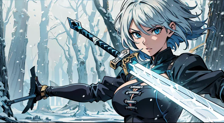 (best quality,2b,highres,ultra-detailed,sharp focus),(character:1.1,female),big sword,anime,stylized,colorful lighting, snow forest, black bindfold.