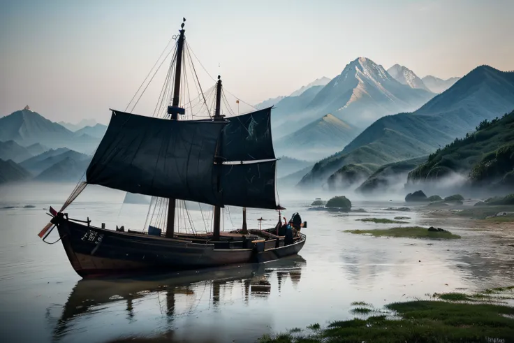 Chinese landscape painting，ink and watercolor painting，water ink，ink，Smudge，Faraway view，Ultra-wide viewing angle，Meticulous，water ink，Smudge，Meticulous，Smudge，low-saturation，Low contrast，The light boat has crossed the Ten Thousand Heavy Mountaineautifully...