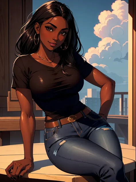 dark skin ebony young woman in a casual shirt and blue jeans sitting with her chin propped on her fists, clear defined brown eye...