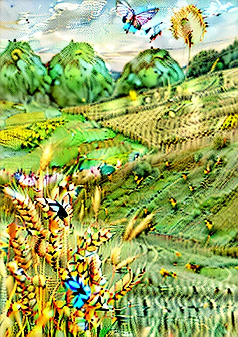 Green Mountains and Green Water、Golden wheat field。There are several tall ears of wheat in the wheat field，A red butterfly with black spots and a blue dragonfly are parked on it，Adds the flavor of life。Small yellow petals are scattered on the field，Make th...