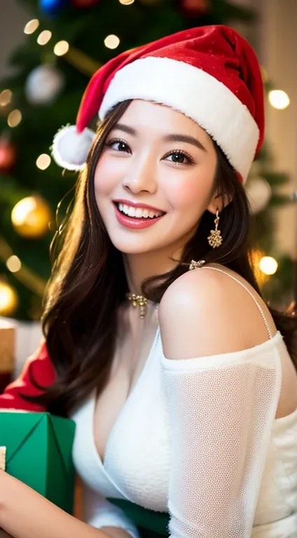 (highres,masterpiece:1.2),stunning portrait,vibrant colors,detailed facial features,((small tits)),(Santa hat,green dress,beautiful) bokeh,captivating gaze,sparkling eyes,dazzling smile,rosy cheeks,smooth skin,long eyelashes,elegant hairstyle,crystal-clear...