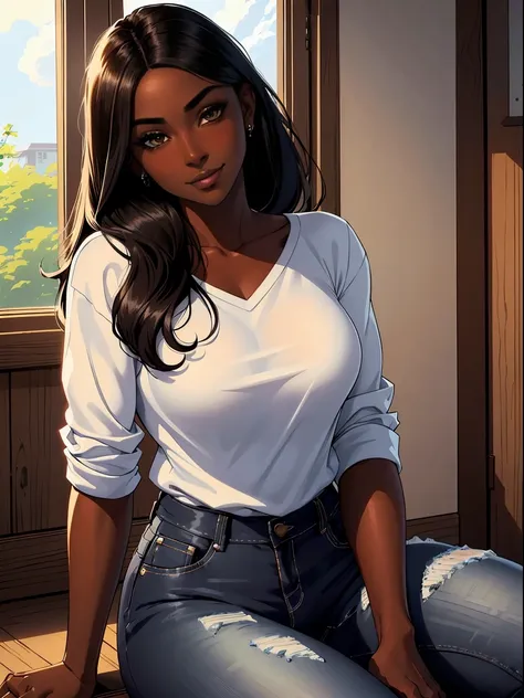 dark skin ebony young woman in a casual shirt and blue jeans sitting with her chin propped on her fists, clear defined brown eye...