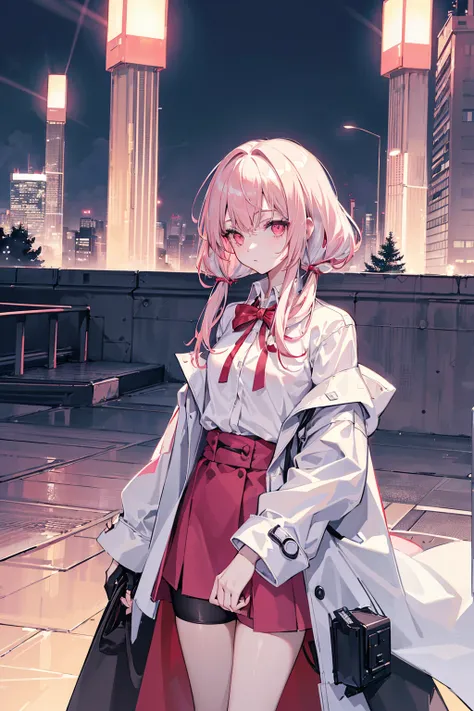 1个Giant Breast Girl, Alone, change, small, (extremely_long_Pink_the hair), pigtails, (Red_In the eyes_, (The white_The shirt:1.5), (wind coat), (leaving_bshoulders:1.figura), glowing_The eye, Background with_optic, (view over city:1.5), (neon_lamp lights:1...