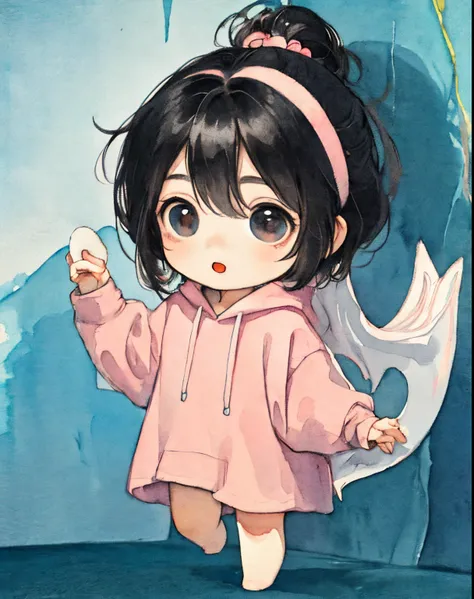 masterpiece, best quality, background, chibi, watercolor,
1girl, black hair,pink style,(full body:1.1), (chibi:1.5)