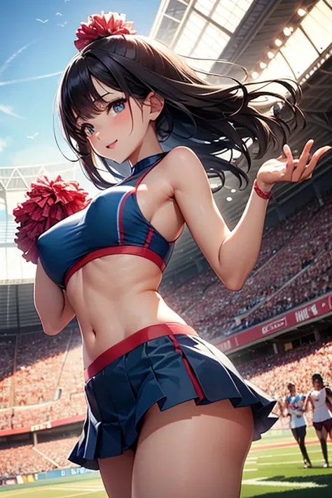 very cute and beautiful cheerleader girl,(very detailed beautiful face and eyes:1.2),(holding a pom pom:1.2),(Laugh),
(Stadium Stand),Cowboy Shot,Dynamic Pose,NSFW,fullnude、big areolae、erectile nipple、fissure、Detailed pubic area、clitoris in detail、Do not e...