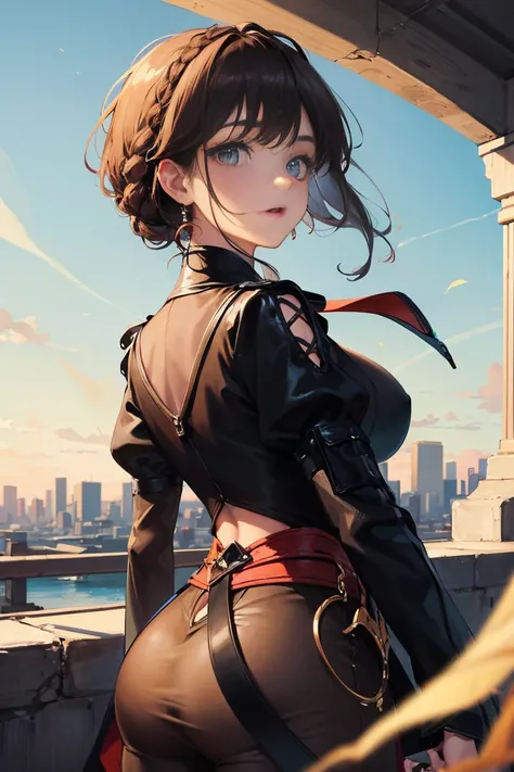 masutepiece, Best quality,illustration, the wallpaper, Ultra detail, absurderes, 1girl in, Solo, (Medium short hair、short braided hair), Beautiful detailed eyes , luminous sky、Hair that flutters in the wind,Curvaceous、(in a panoramic view:1.3),(a sense of ...