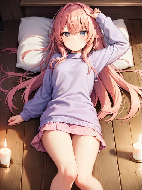 Cute anime girl, long pink hair, blue-pink gradient eyes, pink sweater, pink short skirt, blue striped green socks, nighttime, in an old dark wooden house, wooden walls, candle lights, very dark, laying in bed, missionary pose, exposed private parts