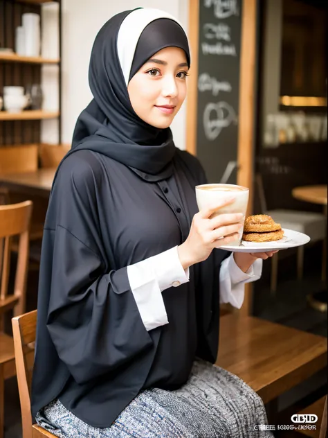 women, big breast, hijab, gamis, cafe