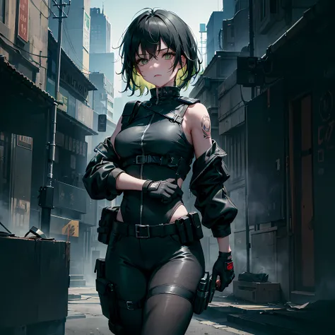 1girl, short black hair with bangs and green highlights, green eyes, scars, black tattoo, very athletic, wearing black leotard, wearing technical cargo pants, wearing black leather gloves, firearm, dark, night, dystopian city, absurdres, high res, ultrasha...