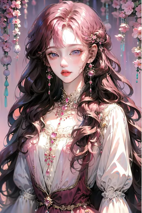 anime girl posing for photo with long pink hair and earrings, an anime drawing inspired by yanjun cheng, pisif, fantasy art,pink...