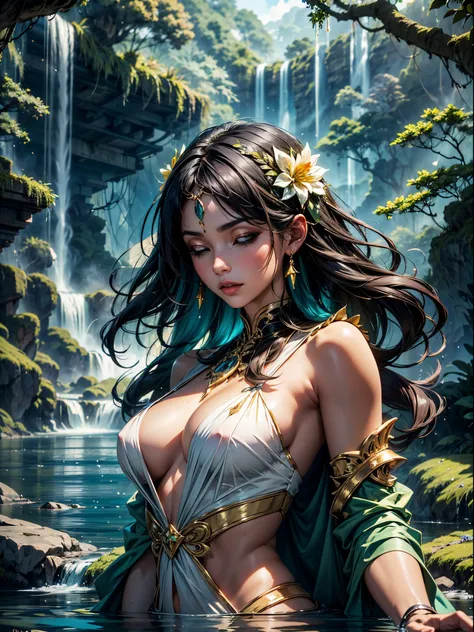 From the veils of the crystal clear waters of a waterfall rises Oxum, radiating its exuberant beauty. Her black skin, wrapped in a cloak of African ancestry, glows in the sunlight. Dressed in splendid costumes in the color of gold, she enchants with her sp...