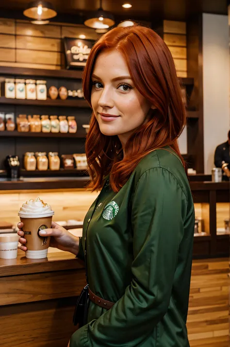 Realistic 33-year-old hairdress in selfie mode for Instagram dressed as a Snapchat influencer Full photo of Starbucks cafe