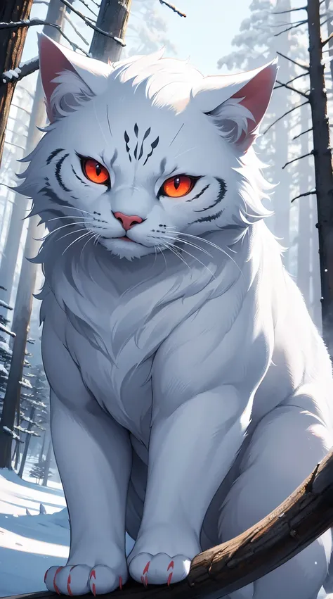 Very Big cat,solo, animal photo, white color, red eyes, glowly eyes, in the winter forest, fantastic, best quality, masterpiece, 8K