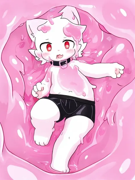 Male white cat wearing black boxers，Dive into pink slime，into the slime，（（Thighs covered with pink mucus）），slimes，Slime falls on white cat&#39;body，Red pupils，Cat ears，Cat nose，collars