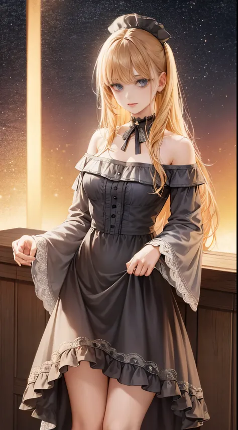 western fantasy，victoriana，A beautyful girl，The stands up，Plain clothing and  clothing，No hats，shift dresses，Nightdress，skirt off shoulder