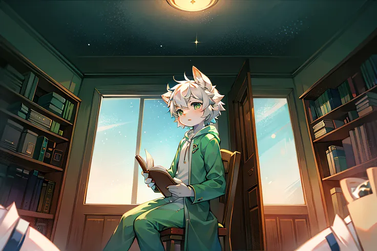 A white deer，Sit at the table，book case，sit on chair，natta，starrysky，As estrelas，Wearing light green pajamas,，lovely boy，shota，white color hair，look out the window，natta，Light green cotton coat，the only person，The environment  dim，raised head，deer antlers，...