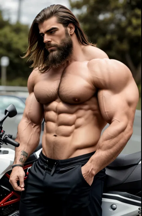 Homem de cabelos longos e barba ao lado de uma motocicleta, large muscles, huge muscles, large muscles, strong masculine features, muscular build, muito lindo. large muscles, homens musculosos, massive muscles, Muscle, Bowed muscles;, musculoso, Muscles, e...