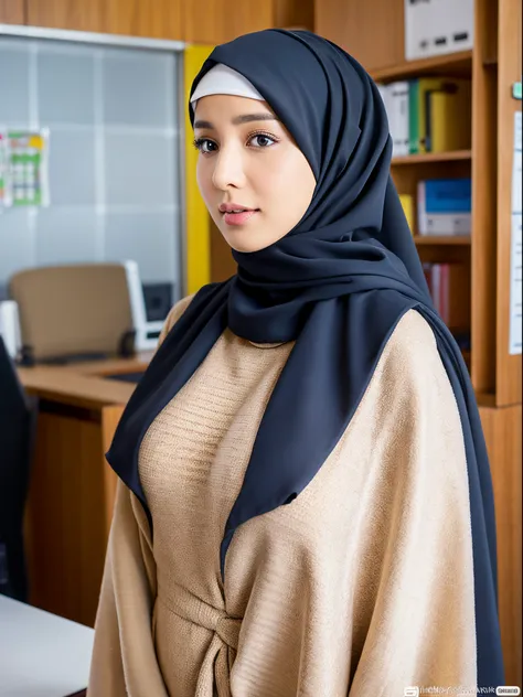 women, big breast, hijab, gamis, office