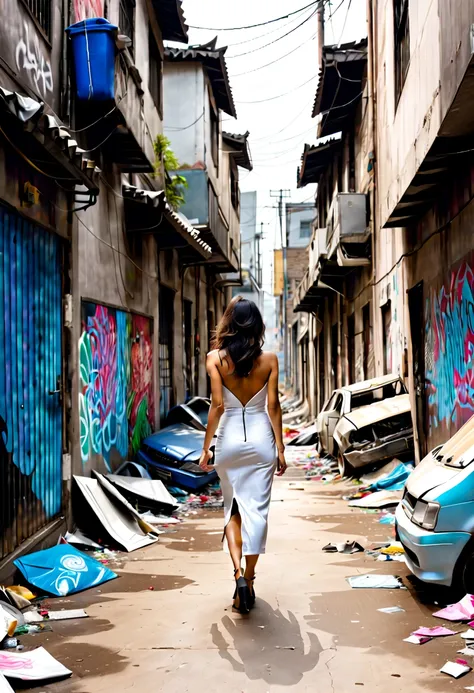 grafitti covered alley with destroyed cars and trash, beautiful asian woman walks away her backside revealed