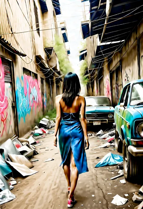 grafitti covered alley with destroyed cars and trash, beautiful asian woman walks away her backside revealed