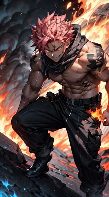 ((Front view, full body)) Muscular Natsu Dragneel standing, surrounded by lava, ((smirking)) fierce ( masculine beautiful eyes:1.5) (detailed symmetric face:1.2) , looking at the viewer, shirtless, muscular, sweating heavily, (best quality, 4k, highres, ma...