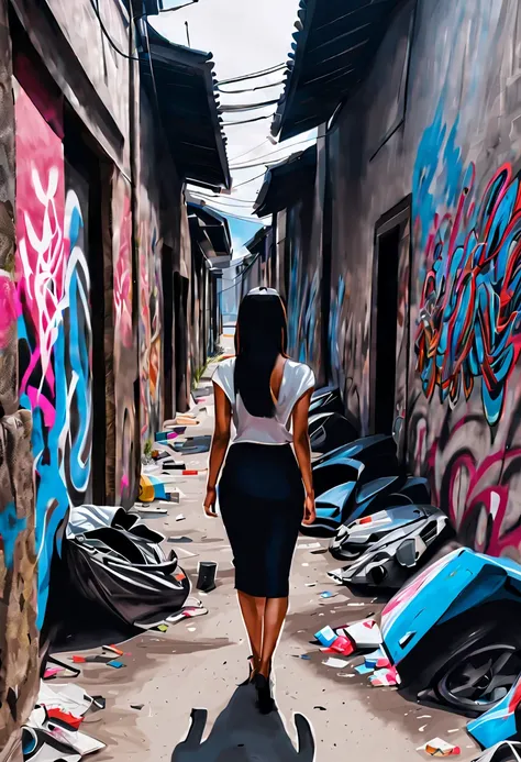 grafitti covered alley with destroyed cars and trash, beautiful asian woman walks away her backside revealed