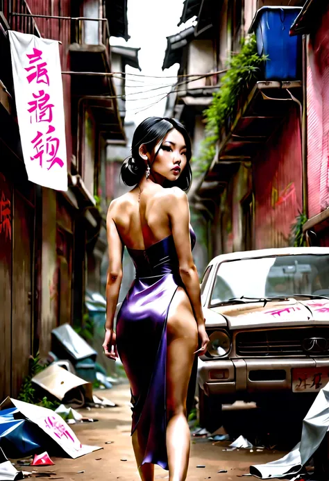 grafitti covered alley with destroyed cars and trash, beautiful asian vampire woman walks away her backside revealed