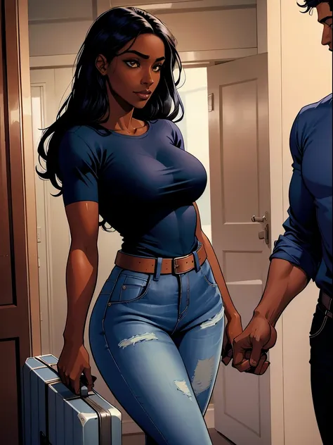 comic book page of (dark skin ebony young woman in a casual shirt and blue jeans, perfect wild cloud of long black hair watching...