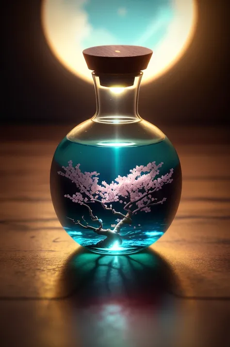 Cherry blossom tree in a bottle，Cresce fora da garrafa，mamilo saindo，fofo，realista，atmospheric light refraction，Foto tirada por Lee Jeffries，Nikon d850 Film Stock Photo 4 Kodak Portra 400 Camera f1.6 tiros，cores ricas，textura realista hiper realista，lighti...