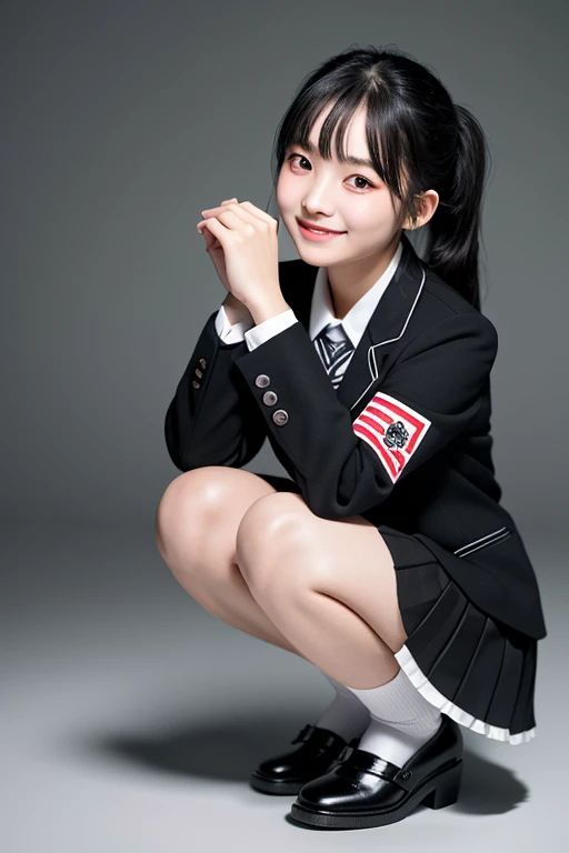 Kawaii Girl,japanes,​masterpiece、10 generations、（facing front:1.5）、（Structure taken from below:1.7）、Full body portrait、８K、Wearing a blazer uniform and short pleated skirt、Wearing black high knee socks、squatting with legs wide open,With the best image quali...