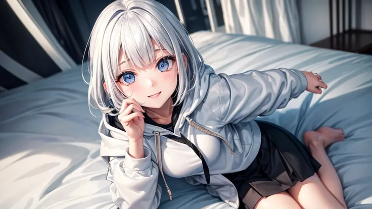 Ultra-high image quality,Look at viewers, hands behind back, girl with, 20 years old, Very short hair, long bangs between eyes, pale blue eyes, Hoodie, Skirt , Extremely detailed,(​masterpiece、top-quality)、report、White hair、A smile、White skin as clear as s...