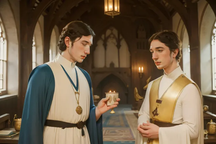 1136, Kingsbridge, England. otherworldly scene in a monastery, ((((27-year-old)) Richard Rankin)), with Adam Driver, monk, conspiring, secrecy, smug smile, ((((poor plain tunic from the 12th century)))), ((Hairstyle of the 12th century)), ((Wes Anderson ci...