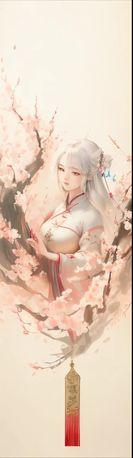 There  a fan painting with a Chinese landscape painting as the background，chinese painting style，Flowing cherry blossom-colored silk，flowing cherry blossom silk，（tmasterpiece，high high quality，Highest image quality），Chinese classical culture and art，Waterc...