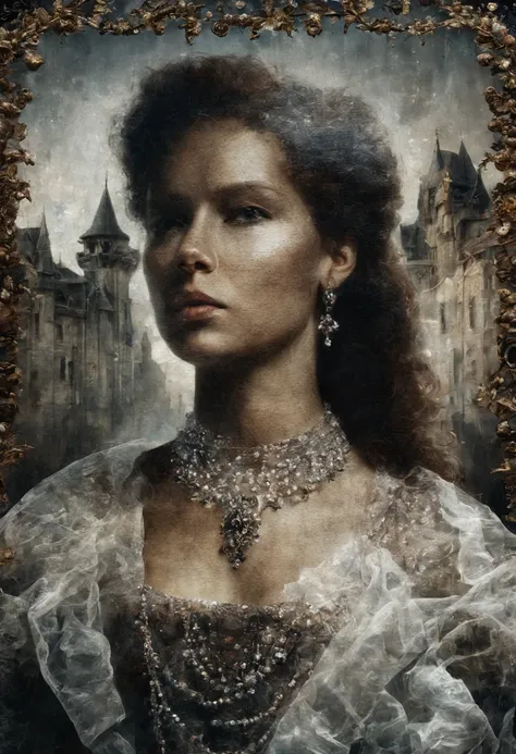 a 4D Double Exposure: portrait of a ((transparent woman with a double exposure castle city in her head)), in renaissance attire castle backdrop, oil painting, 3/4 profile view,  ornate pearl necklaces, sumptuous fabrics, detailed embroidery, moody chiarosc...