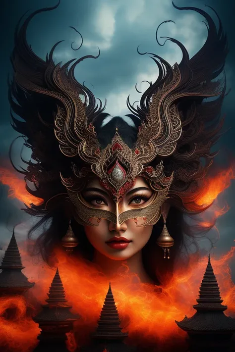 ((Excellent quality)), ((top-notch illustration)), ((stunning shadow)), (masterwork, high definition, expertly created artwork, well-known artwork), Rangda Bali mask with high-detailed carving, surreal red clouds as a background, added detailed red color o...